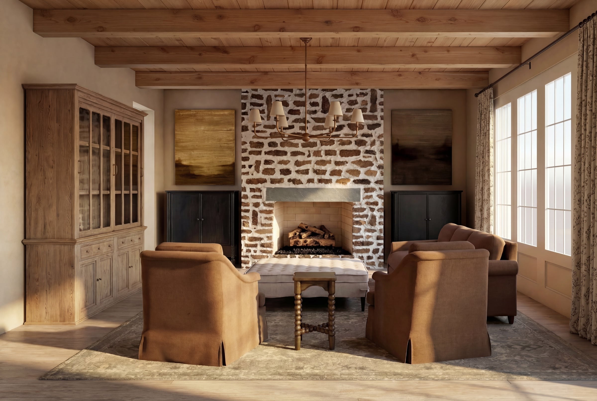 Family room at Stone Hollow Cottage with exposed timber ceiling beams, a stone fireplace and plaster walls