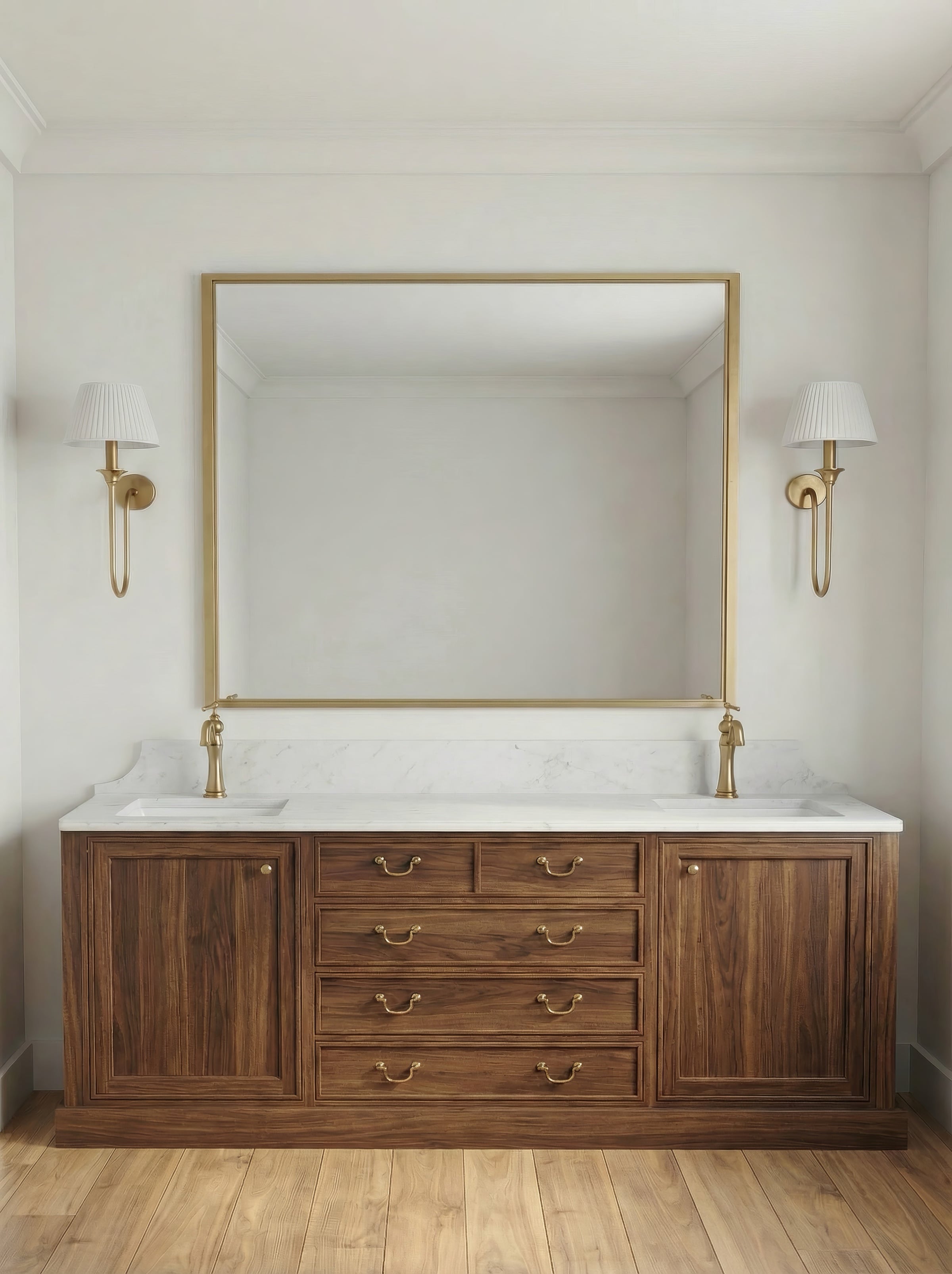 Bath at Stone Hollow Cottage with a walnut double vanity, marble top, brass fittings and a gold-framed mirror