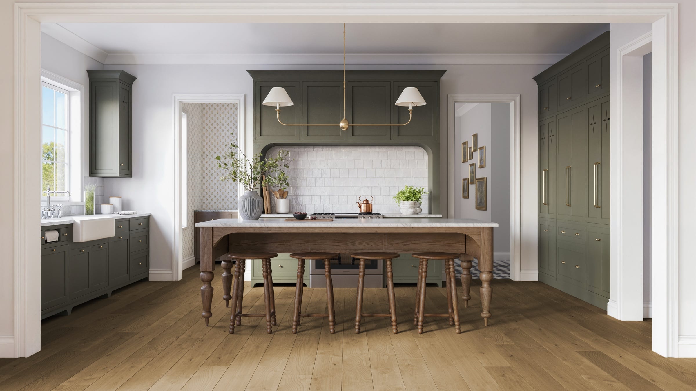 A kitchen at Wilson Farm with olive cabinetry and a furniture-style island