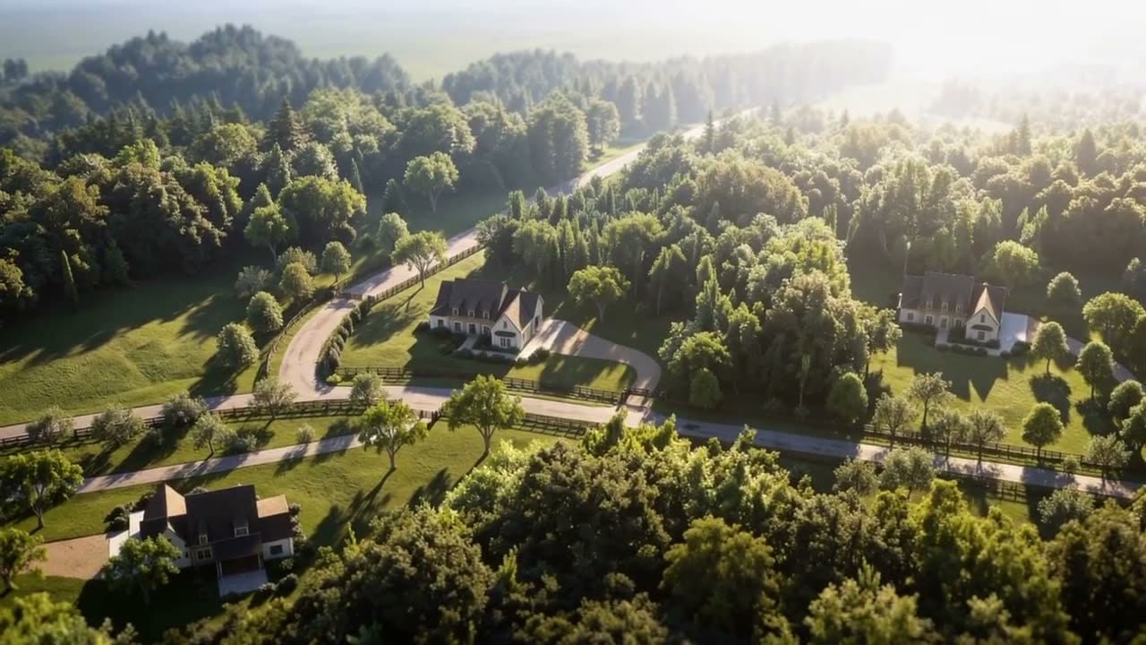 An aerial view over Wilson Farm — custom homes set on wooded acre-plus homesites in Fort Mill, South Carolina